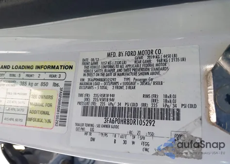 2013 Ford Fusion Se z USA, uszkodzony, nr VIN 3FA6P0HR8DR105292